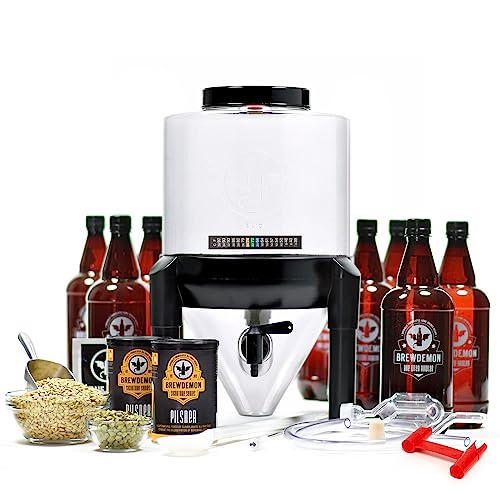 BrewDemon Signature Pro Beer Making Kit with Bottles - Conical Fermenter Eliminates Sediment and Makes Great Tasting Home Brewed Beer - 2 Gal. Pilsner Recipe Ingredients