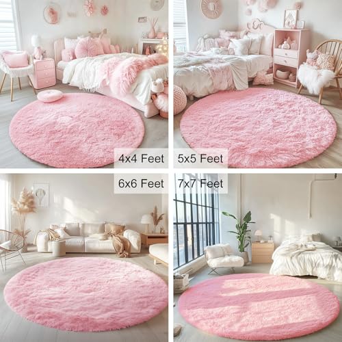 OLANLY Pink Round Rugs for Bedroom - Machine Washable, 4x4 Feet Circle Area Rugs for Living Room, Soft and Fluffy Shaggy Carpet for Teen Girls and Boys, Dorms, Nursery Rooms, Home Decor Aesthetic