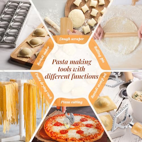 Geetery 8 Pcs Ravioli Mold Set Include 1 Ravioli Maker 1 Foldable Pasta Drying Rack 1 Wooden Ravioli Rolling Pin 1 Pizza Slicer 1 Dough Scraper 3 Pasta Stamps for Kitchen Pasta Making Tools