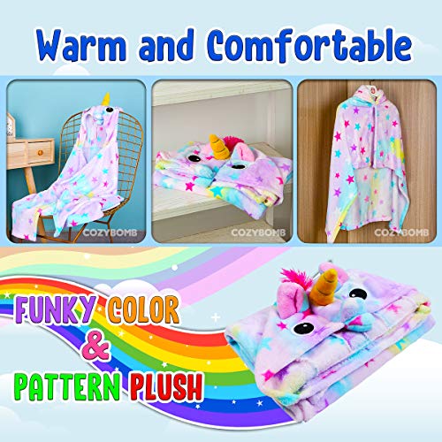 CozyBomB Unicorn Gifts for Girls Wearable Fleece Soft Throw Blanket for Kids - Cute Hooded Plush Bathrobe Cozy Wrap with Hood Sleep Age 3 4 5 6 Year Old Star