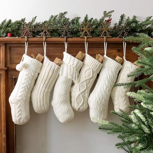 Christmas Stockings: 6 Pack Cream & White Cable Knit Patterns Fireplace Stockings, Rustic Hanging Xmas Stockings Farmhouse Boho Beige Knitted Stocking Decorations for Family Holiday Decor