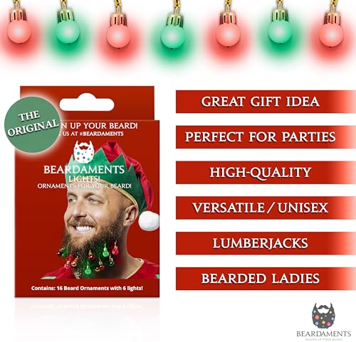 BEARDAMENTS Beard Lights - The Original Light Up Beard Ornaments, 16pc Colorful Christmas Facial Hair Baubles for Men in The Holiday Spirit with Clip for Easy Beard Attachment