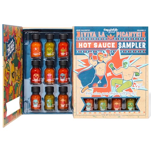 Thoughtfully Gourmet, Luchador Hot Sauce Book Gift Set, Flavors Include Smoky Bourbon, Habanero, Garlic Del Fuego & More, Hot Sauce Sampler, Set of 12