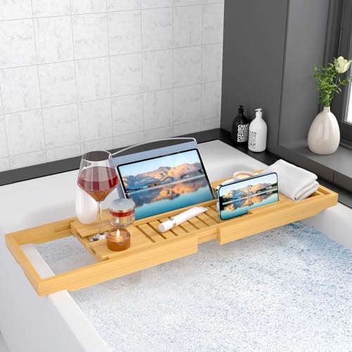 Sen Yi Bao Luxury Bathtub Caddy Tray，Bamboo Bathtub Tray Caddy - Wood Bath Tray Expandable，Can be Placed Book and Integrated Tablet Smartphone and Wine Holder - Gift Idea for Loved Ones