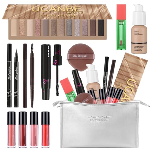 Makeup Set for Women Full kit, Makeup bag with 12 Color Nude Eyeshadow Palette, Mascara, Lip gloss, Blush & Foundation, Beauty blender, Eyeliner Pen, Eyebrow Pencil All in One Gift Set