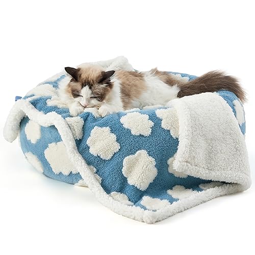 Lesure Waterproof Puppy Blanket for Small Dogs - Washable Double Sided Dog Blankets with Warm Jacquard Shag and Soft Sherpa Fleece, Pet Cat Blanket for Couch Protection, 3D Textured Cloud, Blue