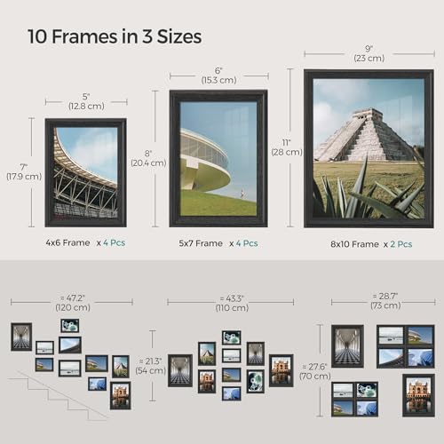 SONGMICS Picture Frames with 16 Mats, Set of 10 Collage Photo Frames, Two 8x10, Four 5x7, Four 4x6 Frames, Hanging or Table Display, Glass, 12 Non-Trace Nails, Ash Black