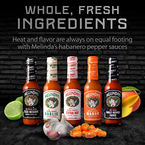 Melinda’s Hot Sauce Variety Pack - Extra Spicy Gourmet Hot Sauce Gift Set with Variety of Heat Levels - Includes XXXXtra Reserve, Garlic Habanero, Extra Hot, Mango, Ghost Pepper- 5 oz, 5 Pack