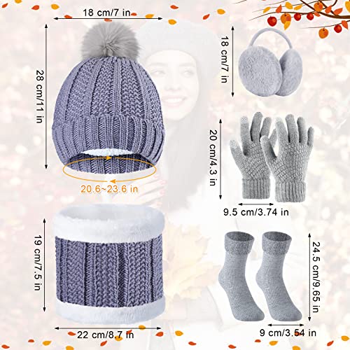 SATINIOR 5 Pcs Winter Hat Scarf Gloves Set Knit Beanie Pompom Hat Warm Touch Screen Gloves Earmuff Warmer Stocking for Women(Grey,Classic Style)