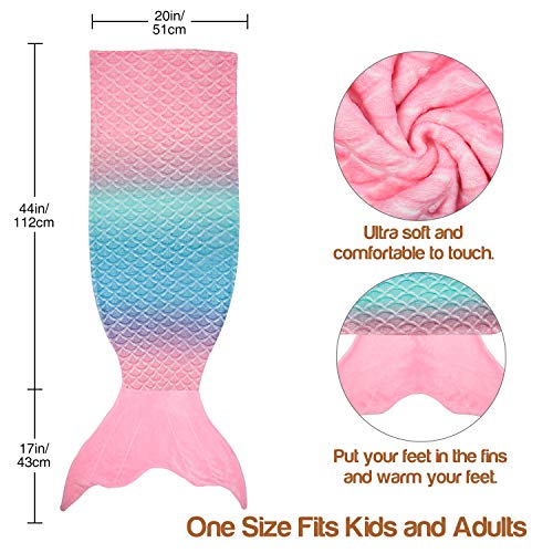 Catalonia Kids Mermaid Tail Blanket, Super Soft Plush Flannel Sleeping Snuggle Blanket for Girls, Rainbow Ombre, Birthday Gift for Daughter