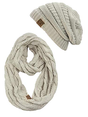 C.C Unisex Soft Stretch Chunky Cable Knit Beanie and Infinity Loop Scarf Set, Beige