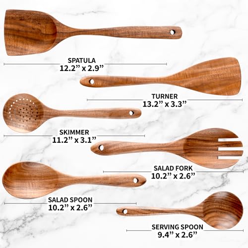 Zulay Kitchen 6-Piece Wooden Spoons for Cooking - Smooth Finish Teak Wooden Utensils for Cooking - Soft Comfort-Grip Wood Spoons for Cooking - Non-Stick Wooden Cooking Utensils - Wooden Spoon Sets