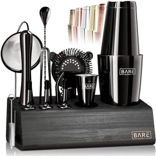 BARE BARREL® Mixology Bartender Kit Bar Set | 14-Piece Cocktail Shaker Set | Martini Barware Mixing Tools for Home Bartending | Incl. 35 Recipe Cards | Gift Set (28oz Boston Shaker, Jet Black/Black)