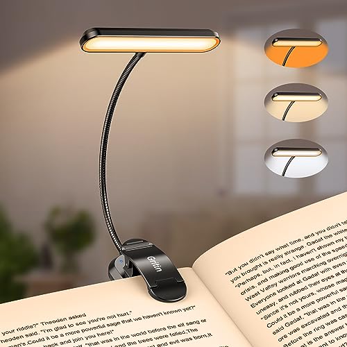 Gritin Rechargeable Book Light for Reading in Bed with 19 LED &Memory Function-Eye Caring 3 Color Temperatures,5 Brightness Levels,80 Hrs Runtime Flexible Goose Neck Clip on Book Light for Book Lovers