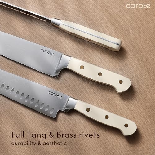 CAROTE 11PCS Knife Set with Block for kitchen, Stainless Steel Razor-Sharp Blade, Triple Riveted Ergonomic Handle,Essential Knife Set, Beige