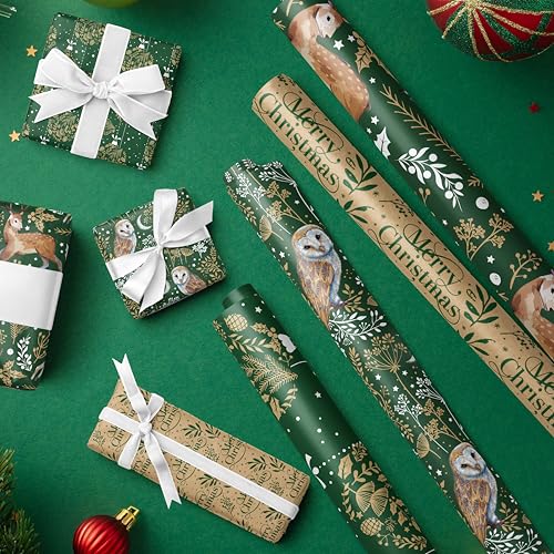 RUSPEPA Christmas Kraft Wrapping Paper - Owl, Reindeer, Christmas Ball and Text Design - 4 Rolls - 30 inches x 10 feet per Roll