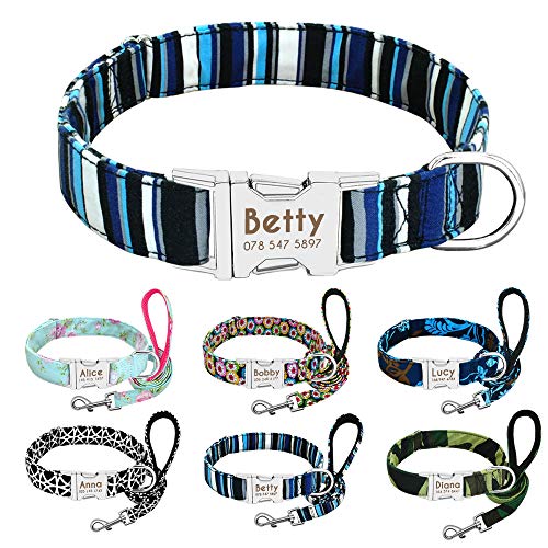 Beirui Personalized Nylon Dog Collar and Leash Set - Custom Dogs Collars with 4FT Dogs Leashes - Adjustable Engraved Pet Collars Matching Leads Fit Small Medium Large Dogs,Navy Blue,S