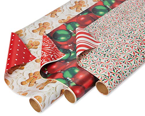 American Greetings 120 sq. ft. Vintage Christmas Wrapping Paper Bundle, Gingerbread, Ornaments, Peppermints (3 Extra Wide Rolls 40 in. x 12 ft.)