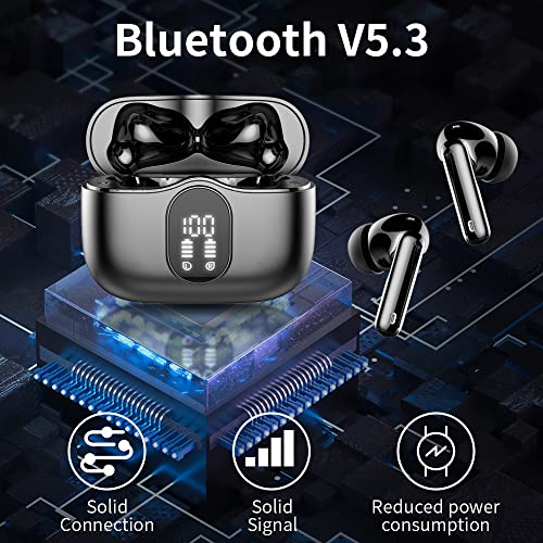 Wireless Earbuds, Bluetooth 5.3 Headphones Bass Stereo, Ear Buds with Noise Cancelling Mic LED Display, IP7 Waterproof in Ear Earphones, 36H Playtime for Laptop Pad Phones Sports Workout, Black