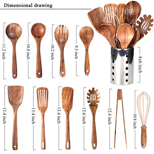 Kitchen Utenails Set with Holder,Kitchen Wooden Utensils for Cooking, Wood Utensil Natural Teak Wood Spoons for Cooking,Wooden Kitchen Utensil Set With Spatula and Ladle (11)