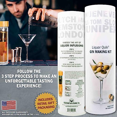 Liquor Quik Gin Infusion Kit - Complete DIY Gin Making Kit Complete w/ 450ml Glass Infuser Vessel & 3 Craft Infusing Flavor Packets - Alcohol Gifts for Him, Mixology Cocktail Bar Accessories