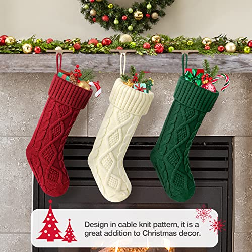 Hommtina Christmas Stockings, Personalized Christmas Stockings 18 Inches Large Size Cable Knitted Stocking Gifts (3pcs White&Red&Green)