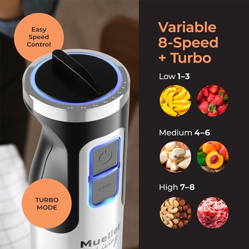 Mueller Immersion Blender Handheld - 8 Speed Stainless Steel Electric Hand Blender, 3 in 1 Emulsion Blender Handheld with Turbo Mode, Stick Blender Emulsifier for Kitchen for Soup, Smoothie, Puree