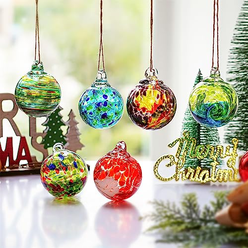 6pcs Hand-Blown Glass Ornaments Balls Glass Christmas Ball Ornaments Hanging Friendship Balls Glass Witches Balls Gazing Balls for Home Window Outdoor Garden Patio Décor