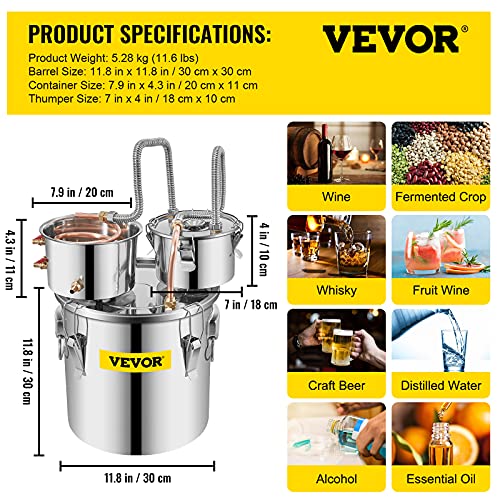 VEVOR Alcohol Still 5 Gal 19L Water Alcohol Distiller Copper Tube With Circulating Pump Home Brewing Kit Build-in Thermometer for DIY Whisky Wine Brandy, Stainless Steel, 3 Pots