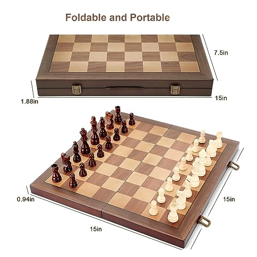 Magnetic Wooden Chess Board Set with Manual for Adults Kids 15 Inch Chess Puzzle with Handmade Pieces, Folding Portable Travel Unique Chess Game for Tournament Professional Beginner