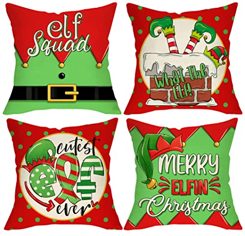 Ussap Christmas Elf Squad Decorative Throw Pillow Covers, Merry Elfin Xmas Chimney Polka Dots Gifts Home Decoration, Winter Holiday Cushion Case for Sofa Couch Decor Cotton Linen 18 x 18