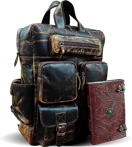 Buffalo Leather Backpack Multi Pockets Daypack Travel Laptop Bag for Men Women