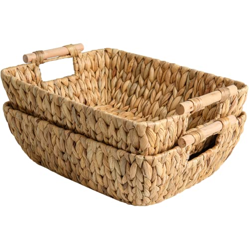 StorageWorks Hand-Woven Jumbo Storage Baskets with Wooden Handles, Water Hyacinth Wicker Baskets for Organizing, 2 Pack