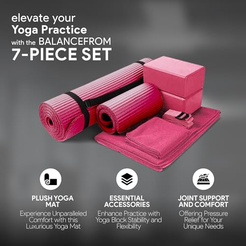 BalanceFrom Fitness 7 Piece Home Gym Yoga Set with 0.5 Inch Thick Yoga Mat, 2 Yoga Blocks, Mat Towel, Hand Towel, Stretch Strap, and Knee Pad, Pink