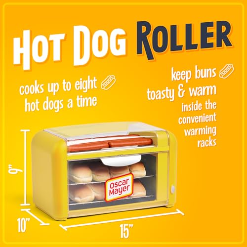 Nostalgia Oscar Mayer Extra Large Countertop 8 Hot Dog Roller and Bun Toaster Oven - Stainless Steel Rollers and Non-stick Warming Racks - Adjustable Timer