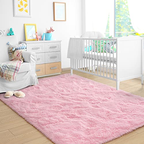 Ultra Soft Pink Rugs for Bedroom 4x6 Feet, Fluffy Shag Area Rugs for Living Room, Large Comfy Furry Rug for Girls Kids Baby Room Decor, Non Slip Nursery Modern Indoor Fuzzy Floor Carpet