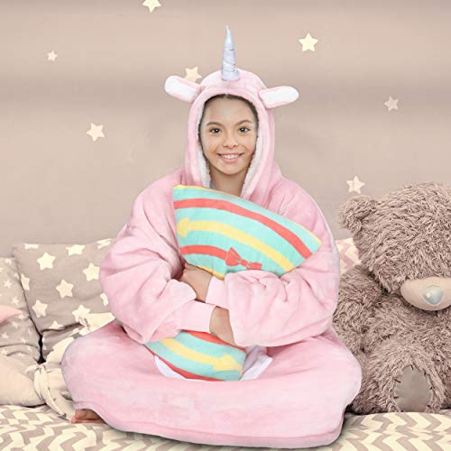 Solaris Pink Unicorn Wearable Blanket Hoodie for Kids - Warm Soft Gift, Oversized Cozy Sherpa Fleece Sweatshirt Pullover for Teens, Girls, Boys