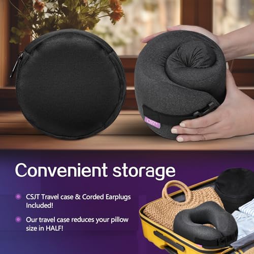 CSJT Travel Pillow Vac Compressed Memory Foam Neck Pillow Airplane,Comfortable,Neck Support,Machine Washable,Airplanes Travel Essentials Accessories for Office,Flight,Cars Breaks Sleeping(Black)