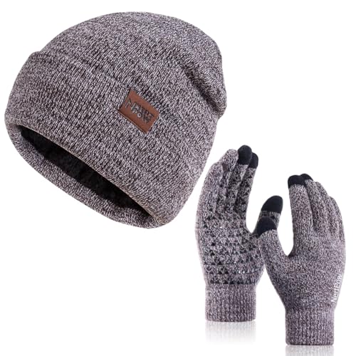 Winter 1-3 PCS Beanie Hat Gloves Scarf For Men And Women, Knit Thick Fleece Lined Warm Touchscreen Gloves Beanie Infitiny Scarf Set (Gloves&Beanie Coffee White)