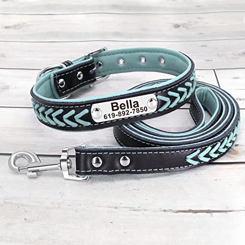 Didog 4 Feet Braided Custom Leather Dog Collar and Leash Set, Soft Padded Leather Dog Collars Personalized for Small Medium Large Dogs, Blue Set, S