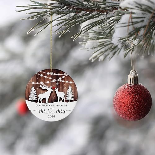 Our First Christmas Married Ornament 2024,Just Married Christmas Ornament as Mr and Mrs, First Year Newlywed 2.9" Ceramic Round Ornament, Wedding Decoration for Couple Married