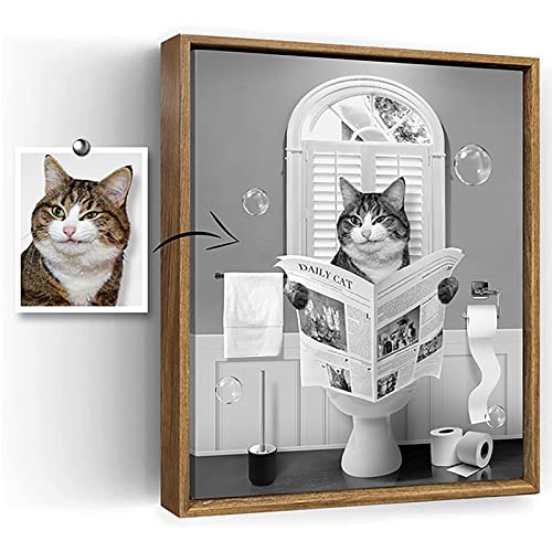 Custom Pet Portrait Wall Art Black and White Memorial Pet Loss Picture Funny Cat In Toilet Canvas Print Wall Art Personalized Pet Gift Custom Pet Poster Prints Framed for Living Room Kids Bathroom