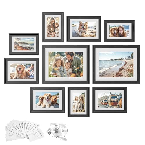 SONGMICS Picture Frames with 16 Mats, Set of 10 Collage Photo Frames, Two 8x10, Four 5x7, Four 4x6 Frames, Hanging or Table Display, Glass, 12 Non-Trace Nails, Ash Black