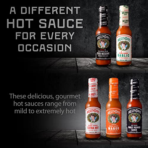 Melinda’s Hot Sauce Variety Pack - Extra Spicy Gourmet Hot Sauce Gift Set with Variety of Heat Levels - Includes XXXXtra Reserve, Garlic Habanero, Extra Hot, Mango, Ghost Pepper- 5 oz, 5 Pack