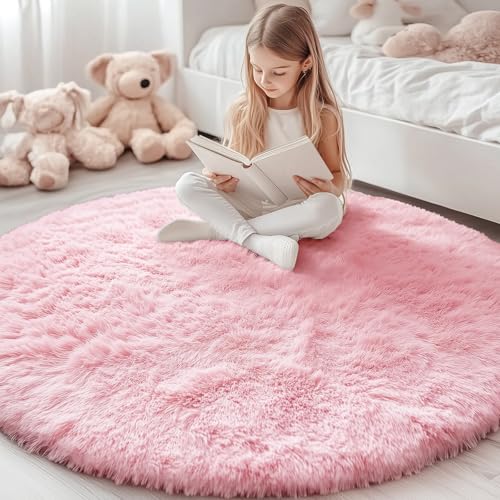 OLANLY Pink Round Rugs for Bedroom - Machine Washable, 4x4 Feet Circle Area Rugs for Living Room, Soft and Fluffy Shaggy Carpet for Teen Girls and Boys, Dorms, Nursery Rooms, Home Decor Aesthetic