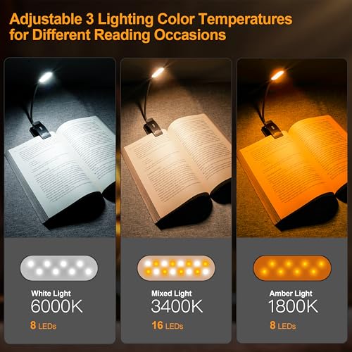 Gritin 16 LED Rechargeable Book Light for Reading in Bed- Eye Caring 3 Color Temperatures, Stepless Dimming Brightness, 80 Hrs Runtime, Lightweight Flexible Clip on Book Light for Book Lovers