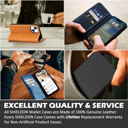 SHIELDON Case for iPhone 15 5G 2023, Genuine Leather Wallet Book Case Magnetic RFID Blocking Credit Card Holder Kickstand Shock Absorbing Case Compatible with iPhone 15 6.1" - Retro Brown