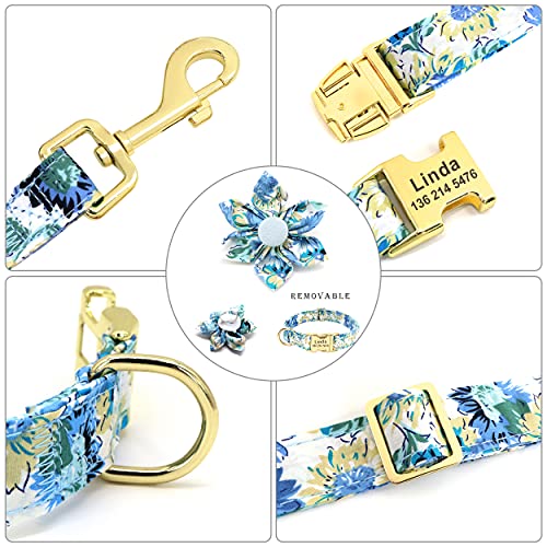 Beirui Personalized Female Dog Collar and Leash Set for Girl Dogs - Custom Pet Dog Collar with Flower for Small Medium Large Dogs - Soft Floral Engraved Collar with Matching Leash (Blue, S)