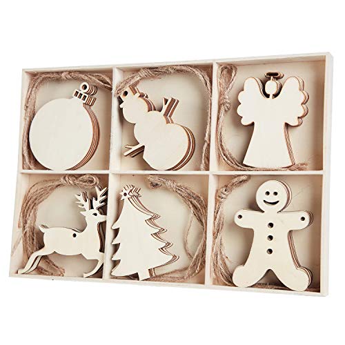 MACTING 30pcs Unfinished Wood Christmas Ornaments with Holes, Christmas Hanging Decorations for Kid's DIY Gift Craft Xmas Tree, 6 Shapes-Angel, Deer, Ball, Doll, Snowman, Tree