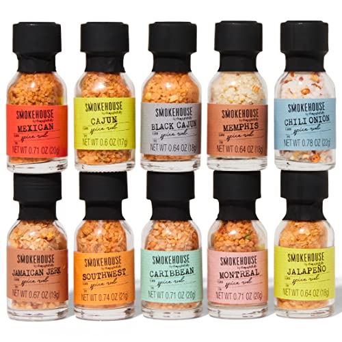 Smokehouse by Thoughtfully, Gourmet Grilling Spice Set in Mini Glass Bottles, Vegan and Vegetarian, Grill Seasoning Flavors Include Caribbean, Jamaican Jerk, Jalapeno, Montreal and More, Pack of 10